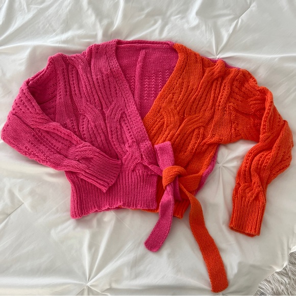 Cable Knit Wrap Cardigan Tie Side V-Neck Colorblock Pink Orange - Picture 8 of 9